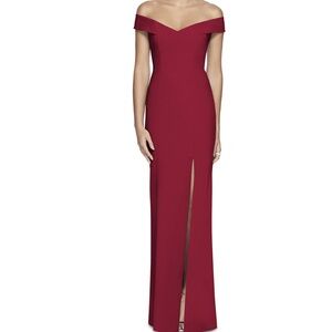 Dessy Collection Off the Shoulder Crossback Gown in Burgundy